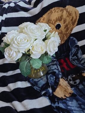 White Artificial Rose Bouquet in Clear Vase - Home Accents